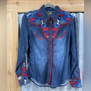 Beautiful Embroidered Patriotic Scully Denim Snap Shirt - Small